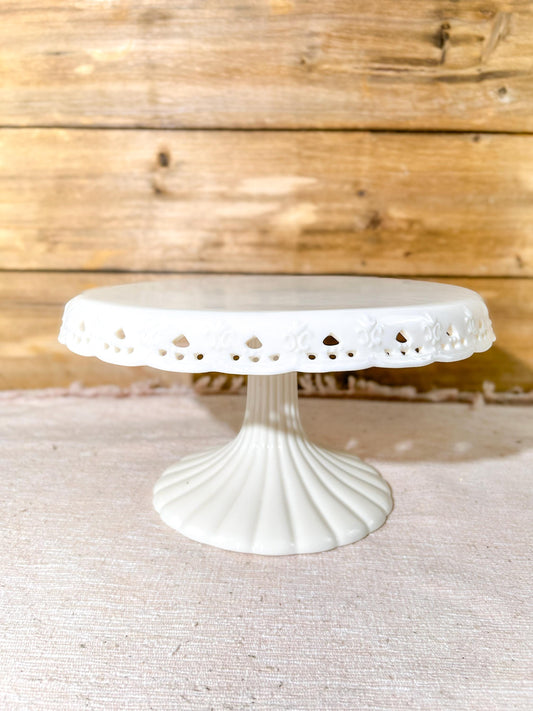 Skye McGhie Cream Lace Pedestal Cake Plate White Porcelain