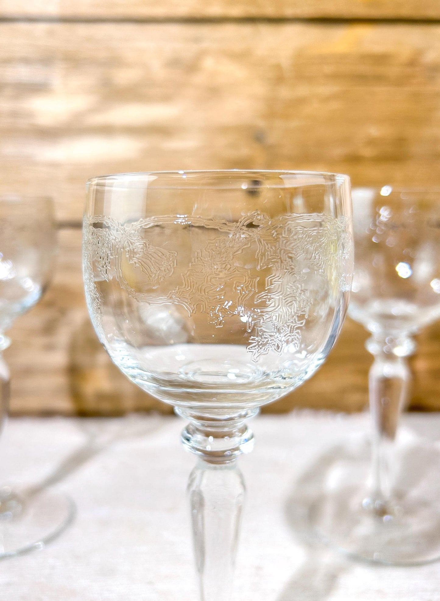 Bohemia Crystal Thistle Wine Glass Set of 3 Etched Vintage