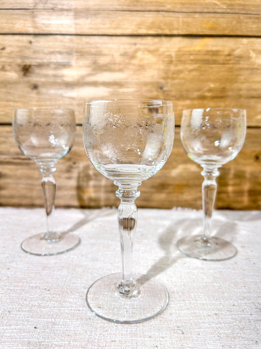 Bohemia Crystal Thistle Wine Glass Set of 3 Etched Vintage