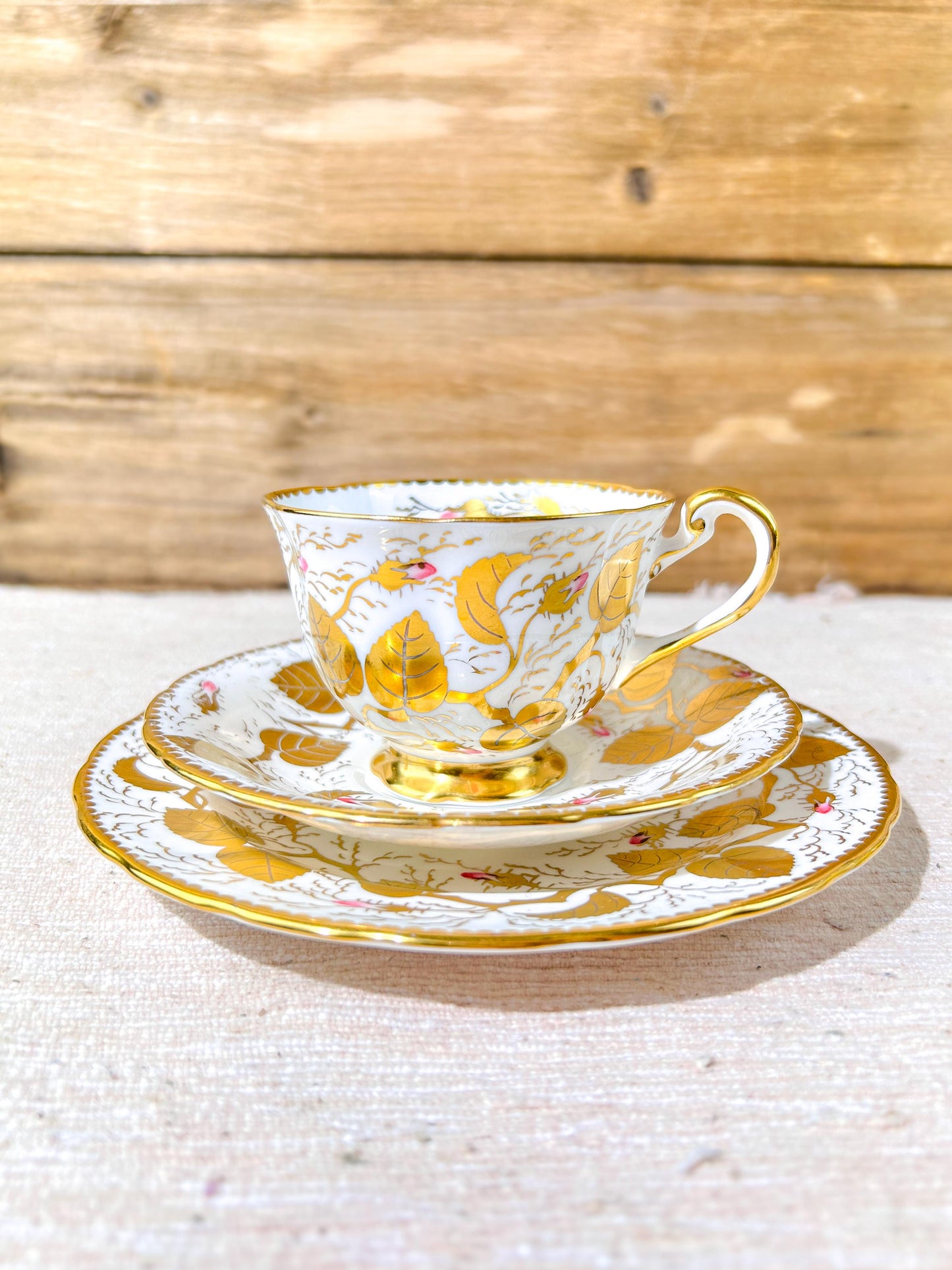 Royal Chelsea Bone China Teacup Saucer Bread Plate Set Hand Painted Gold