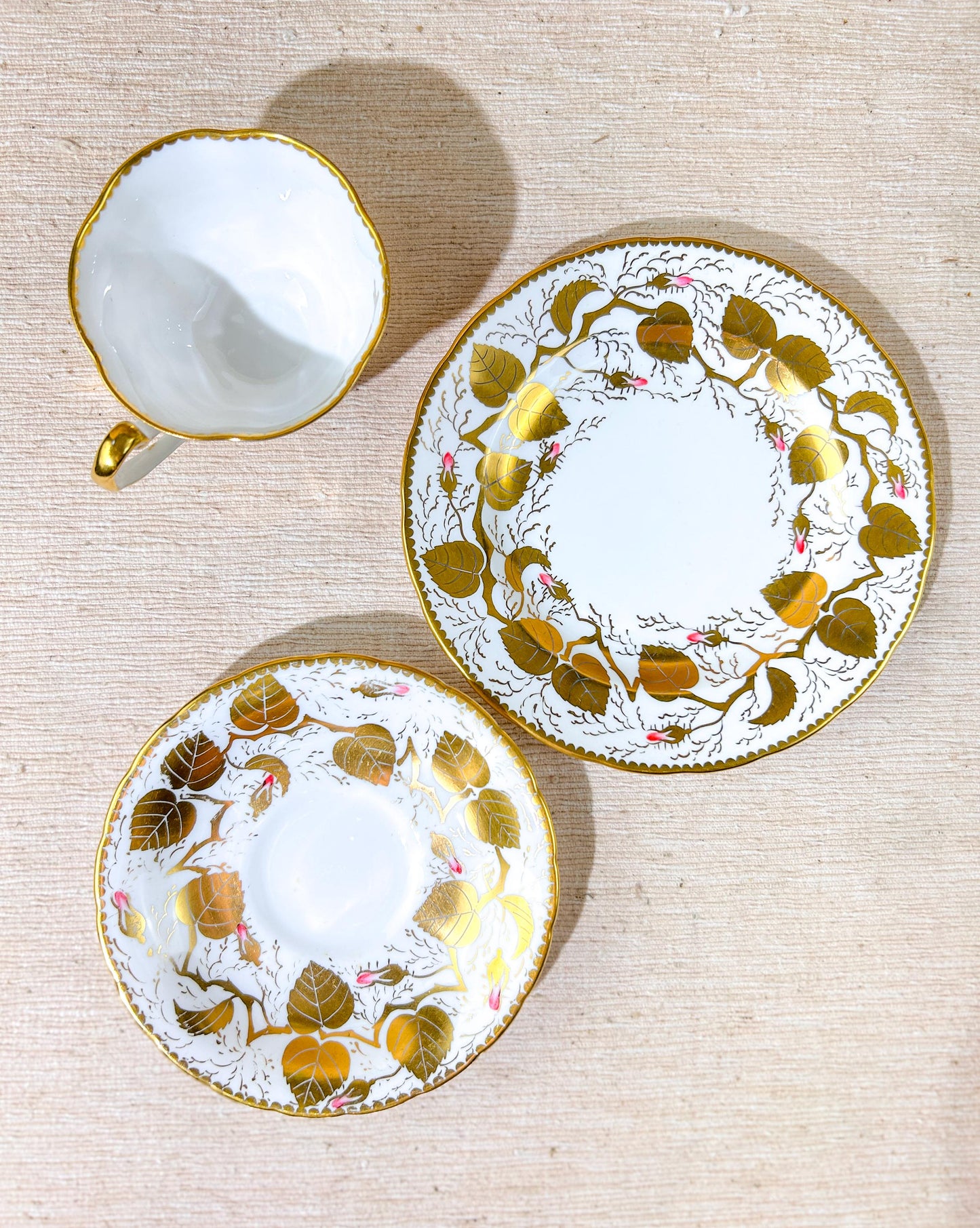 Royal Chelsea Bone China Teacup Saucer Bread Plate Set Hand Painted Gold