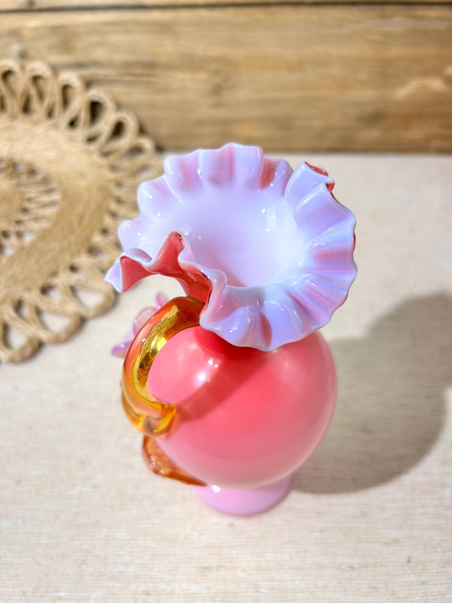 Victorian Glass Vase Cased Ruffled Edge with Applied Flower