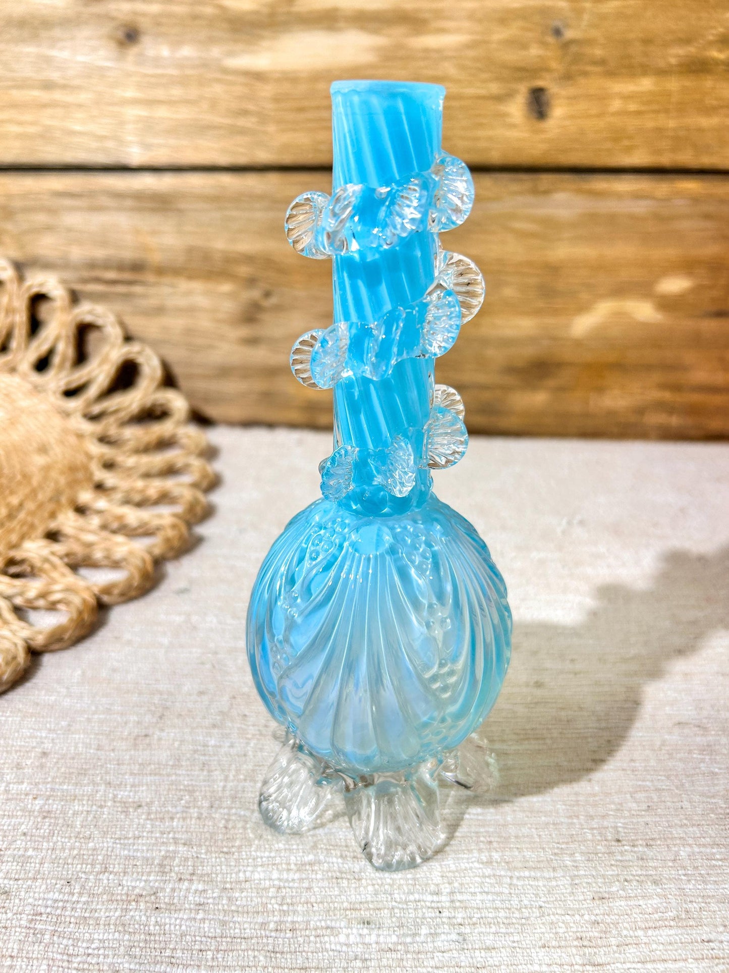 Vintage Glass Bud Vase Glass Ice Blue Embossed Glass Swirl Appliqué